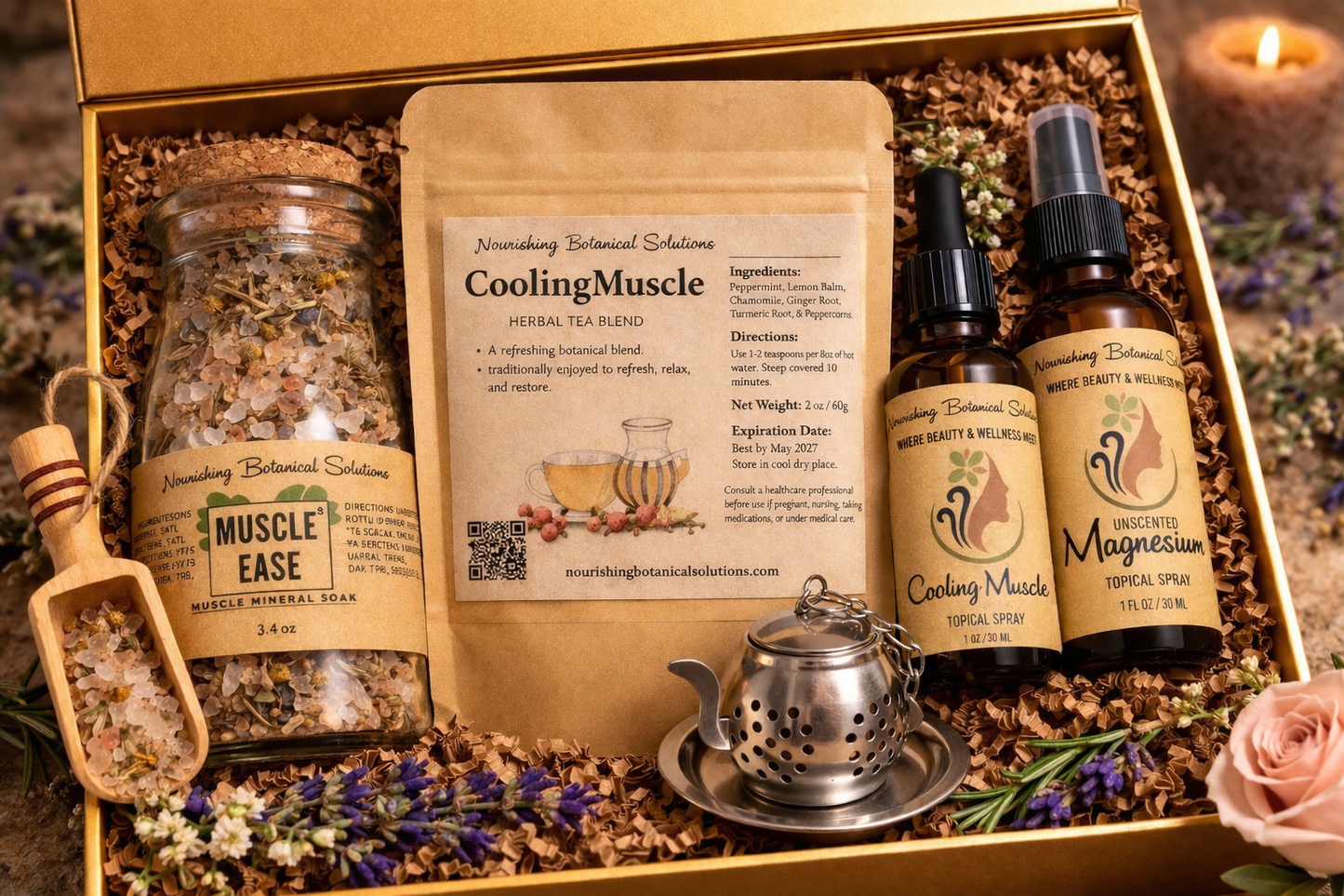 Cooling Muscle Ease Self-Care Collection Mother’s Day Self Mother’s Day Luxury Self Care Gift Box | Herbal Tea, Bath Soak, Body Oil & Magnesium Spray | Natural Spa Gift for Mom