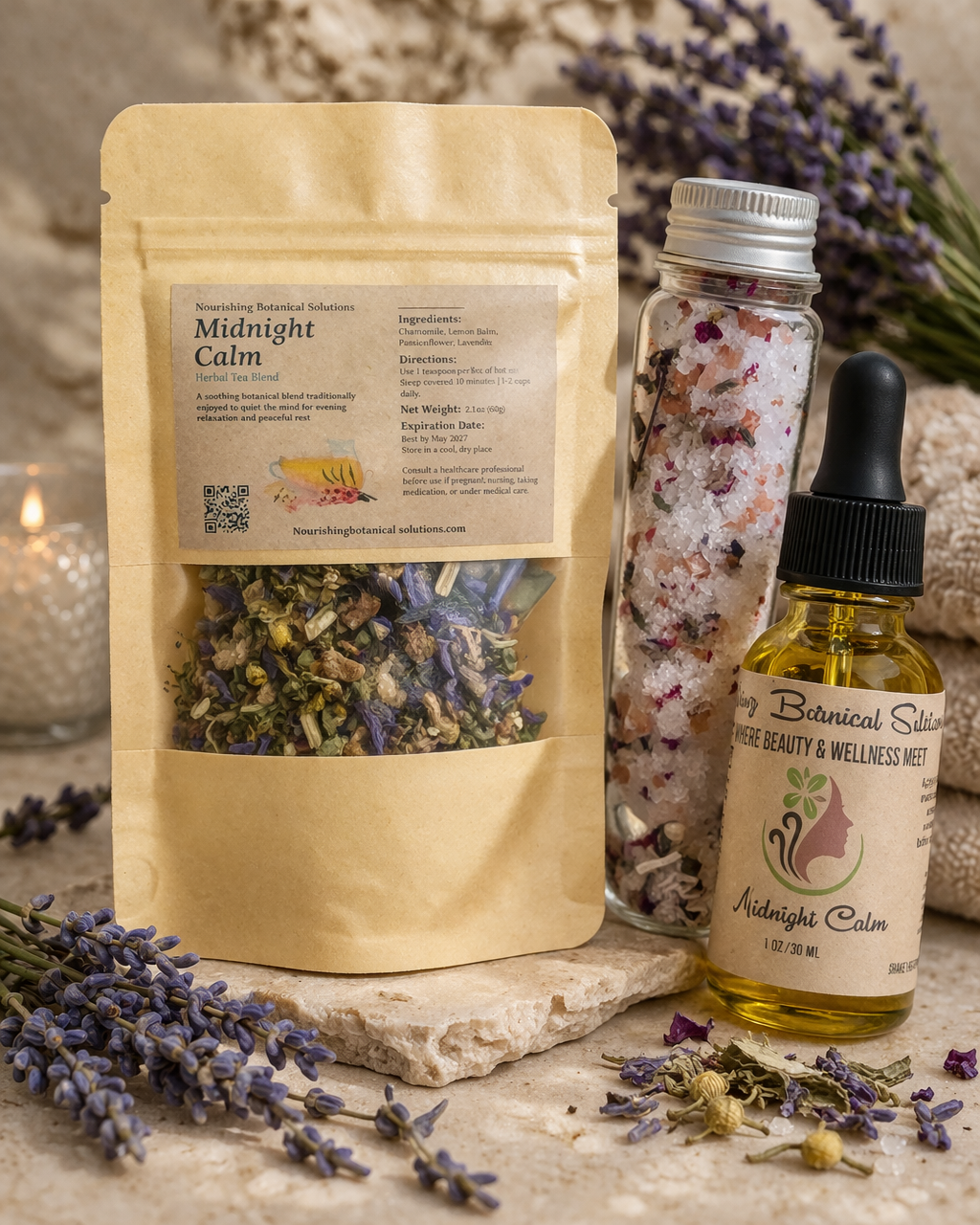 Midnight Calm Mini Set Mother’s Day Relaxation Gift | Sleep Herbal Tea & Bath Soak Set | Natural Self Care Gift Box for Mom | Calming Spa Gift