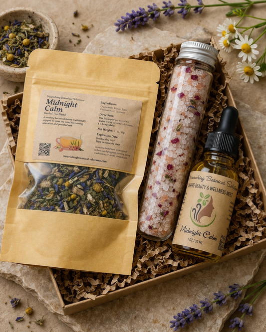 Midnight Calm Mini Set Mother’s Day Relaxation Gift | Sleep Herbal Tea & Bath Soak Set | Natural Self Care Gift Box for Mom | Calming Spa Gift