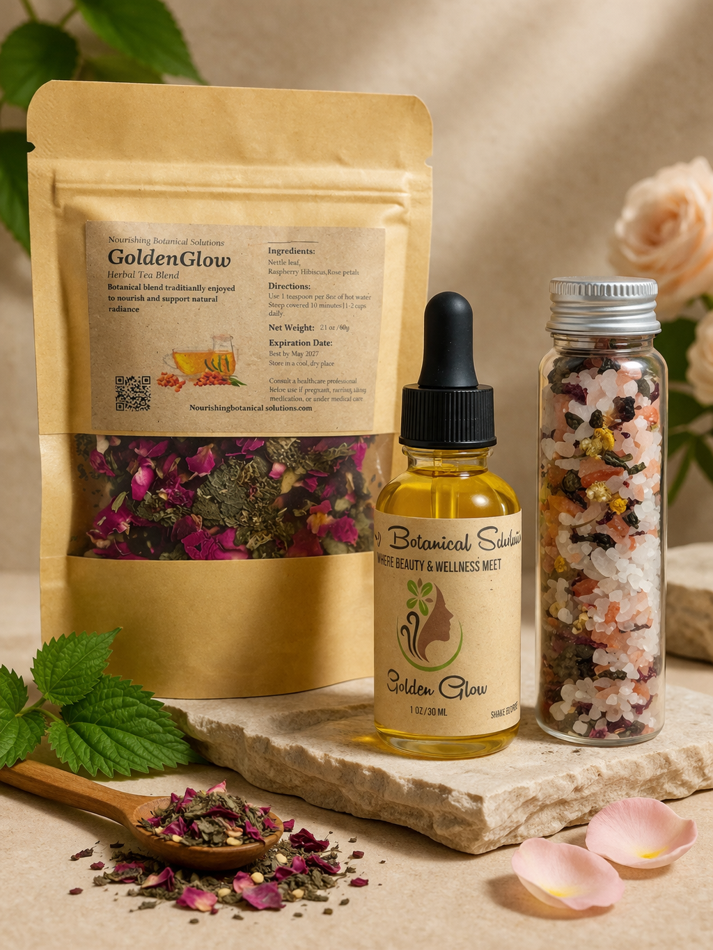 Golden Glow Mini Set Mother’s Day Wellness Gift | Herbal Tea & Botanical Bath Soak Set | Natural Self Care Gift Box | Spa Gift for Mom