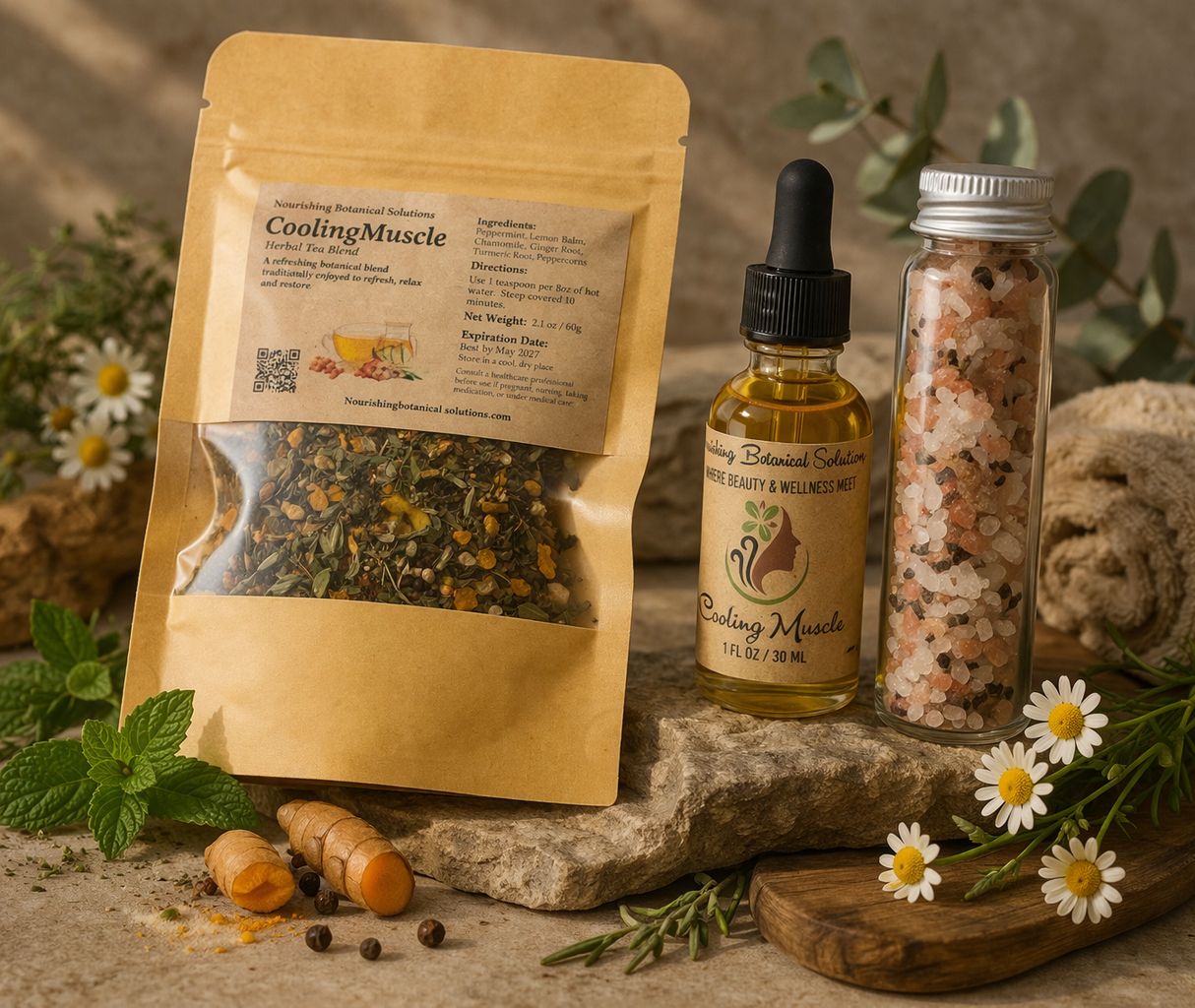 Cooling Muscle Set Mother’s Day Self Care Gift | Muscle Relief Herbal Tea & Bath Soak Set | Natural Wellness Gift for Mom | Relaxation Spa Box
