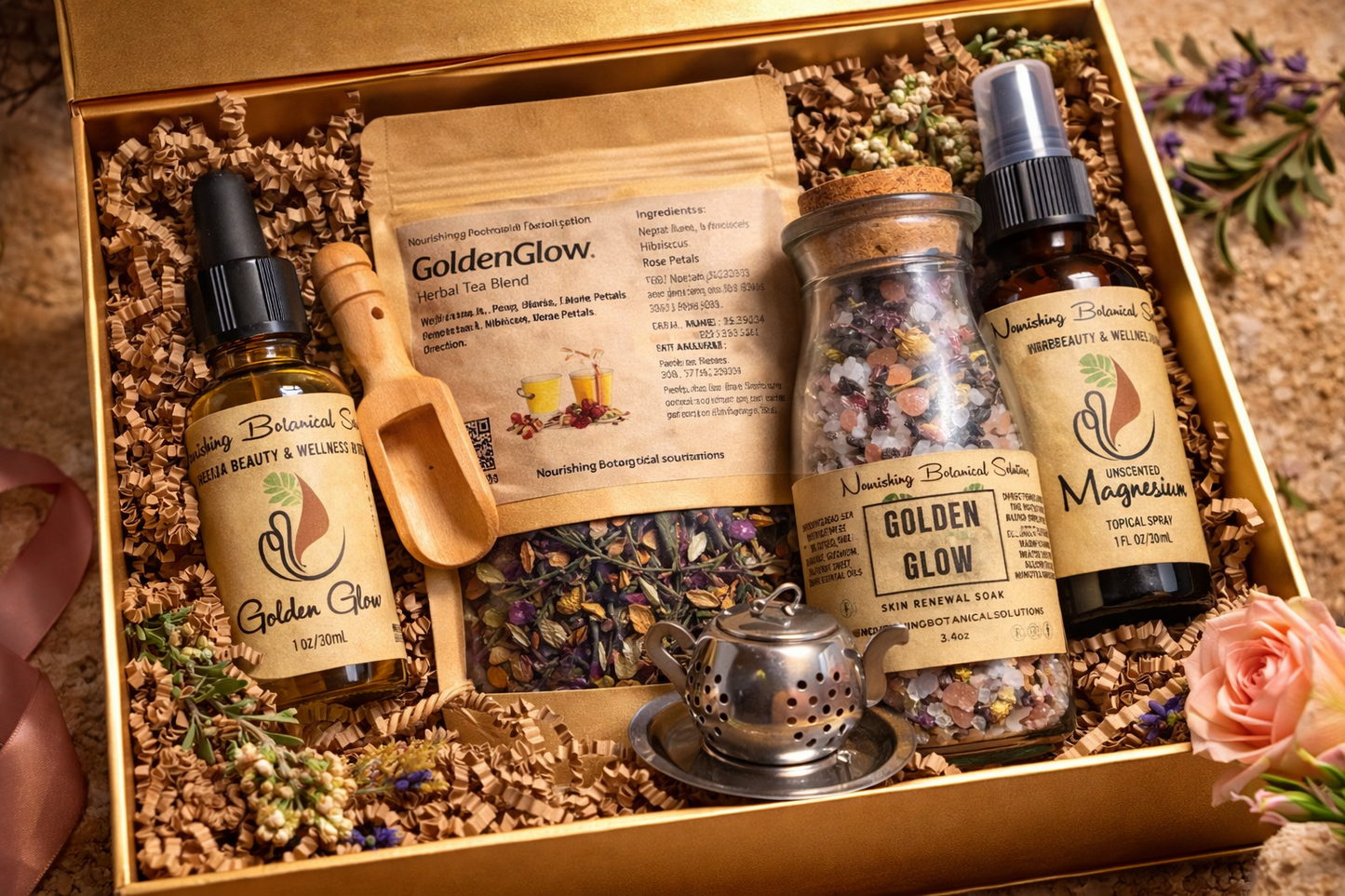 Golden Glow Renewal Collection Mother’s Day Luxury Self Care Gift Box | Herbal Tea, Bath Soak, Body Oil & Magnesium Spray | Natural Spa Gift for Mom
