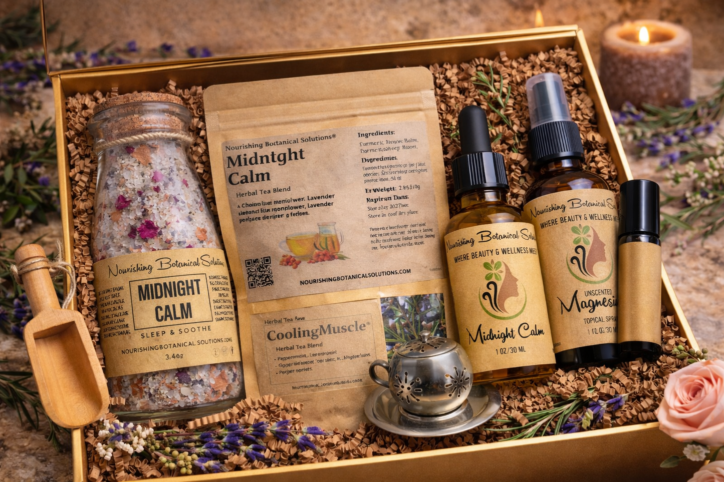 Midnight Calm Sleep Collection/ Mother’s Day Luxury Self Care Gift Box | Herbal Tea, Bath Soak, Body Oil & Magnesium Spray | Natural Spa Gift for Mom